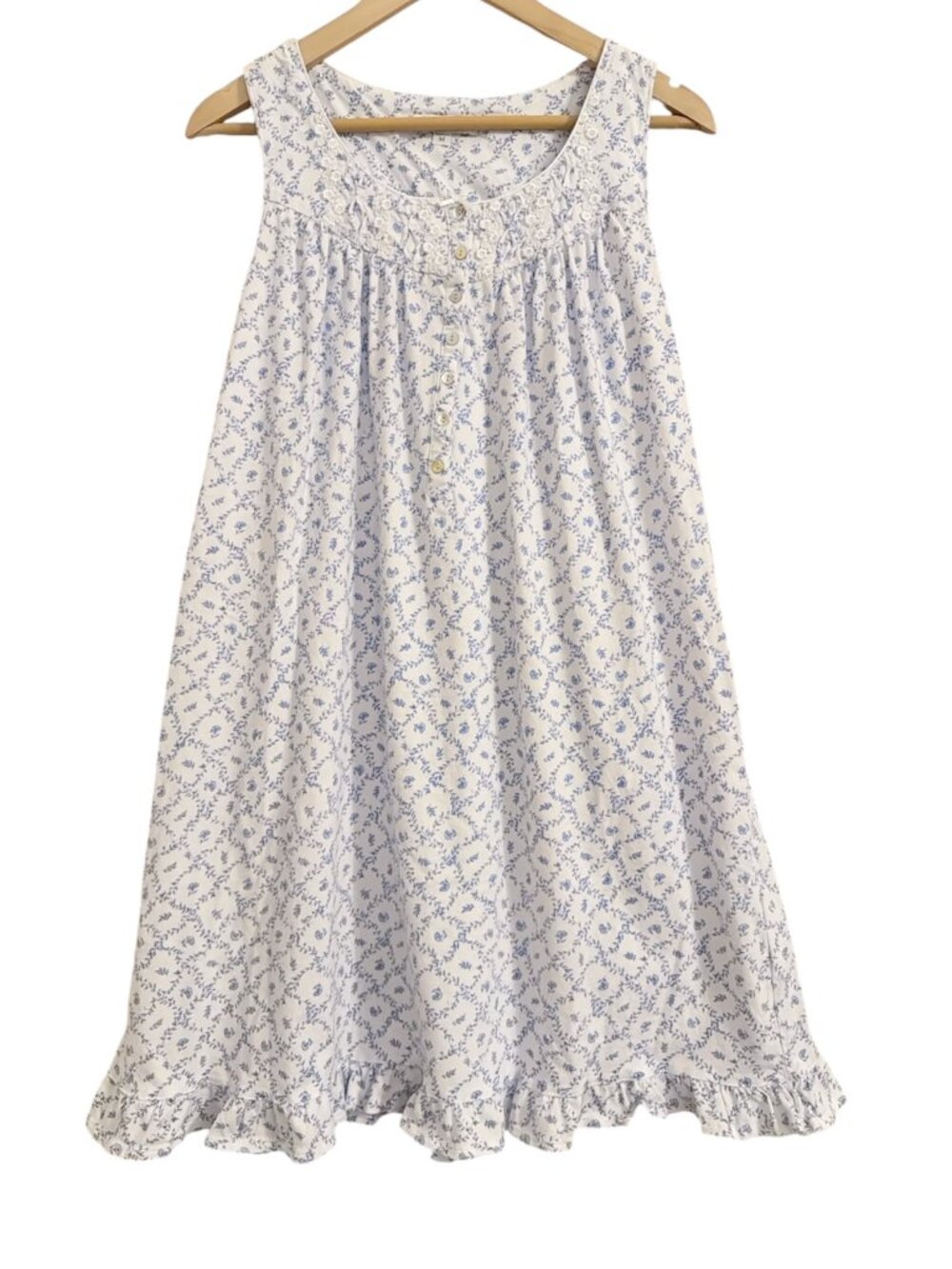 Eileen West Nightgown Women's Size Medium White Blue Floral Knee Length